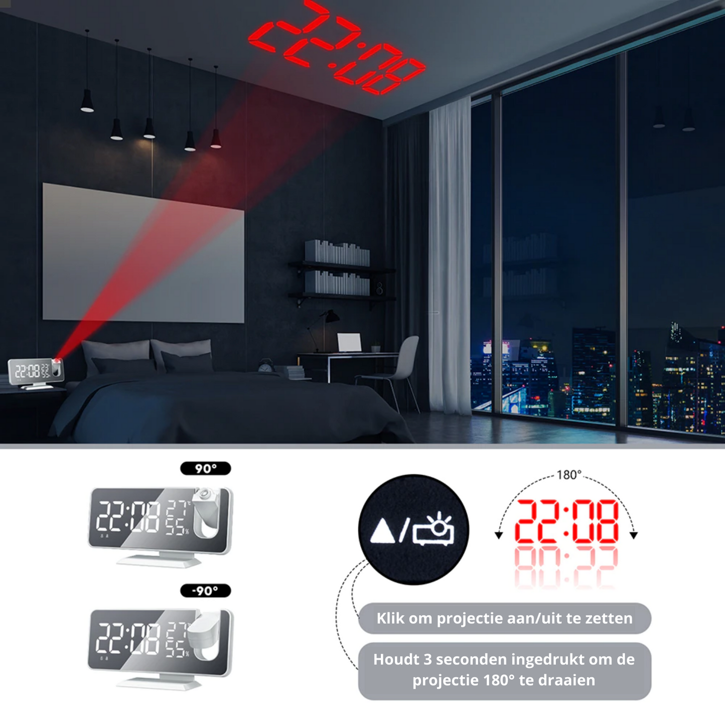 Astronatic™ Alarmklok - LED Scherm met 180° Projector