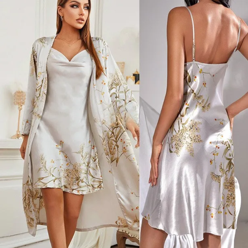 SatinDreams Kimono Set - Elegante Bloemen Nachtmode
