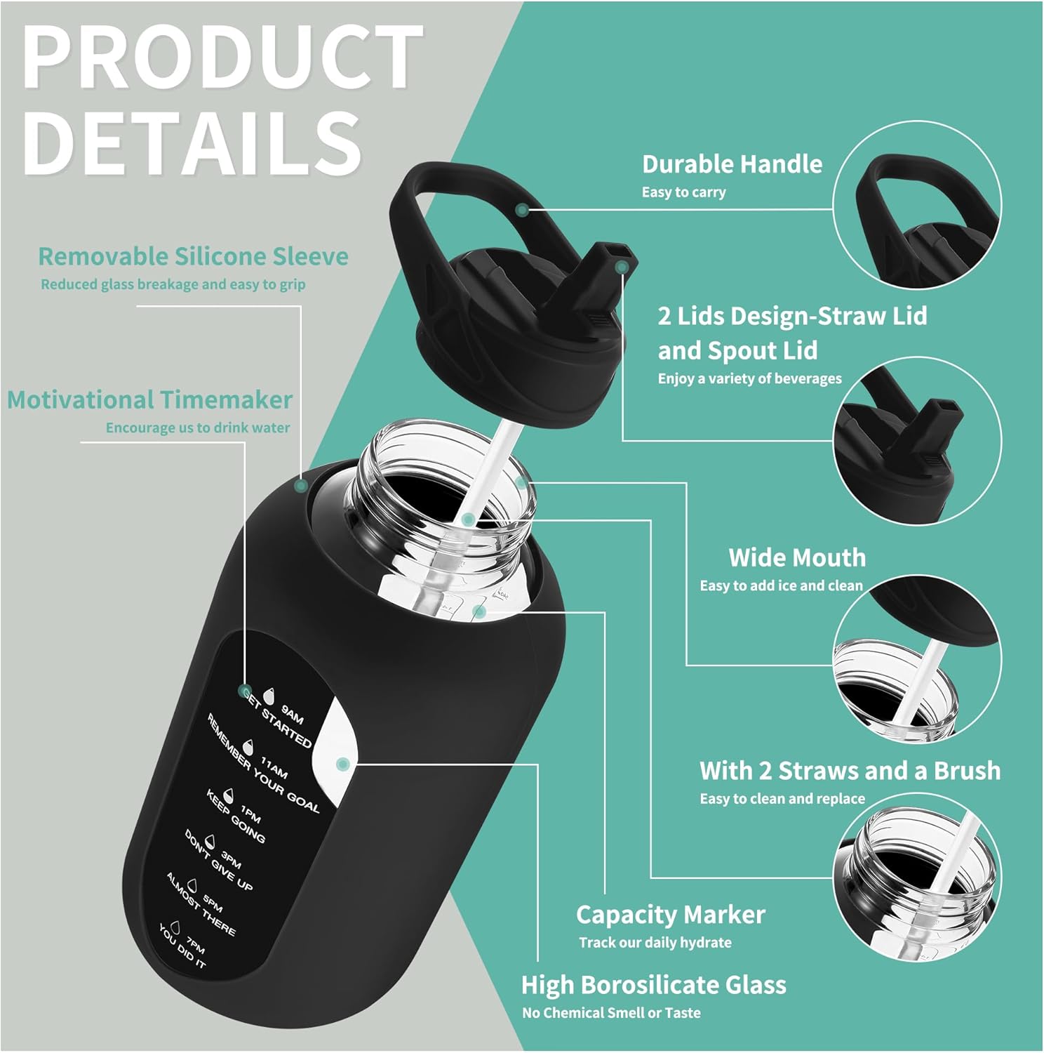 HydroGlow - Motiverende Glazen Waterfles 900ml met Rietje