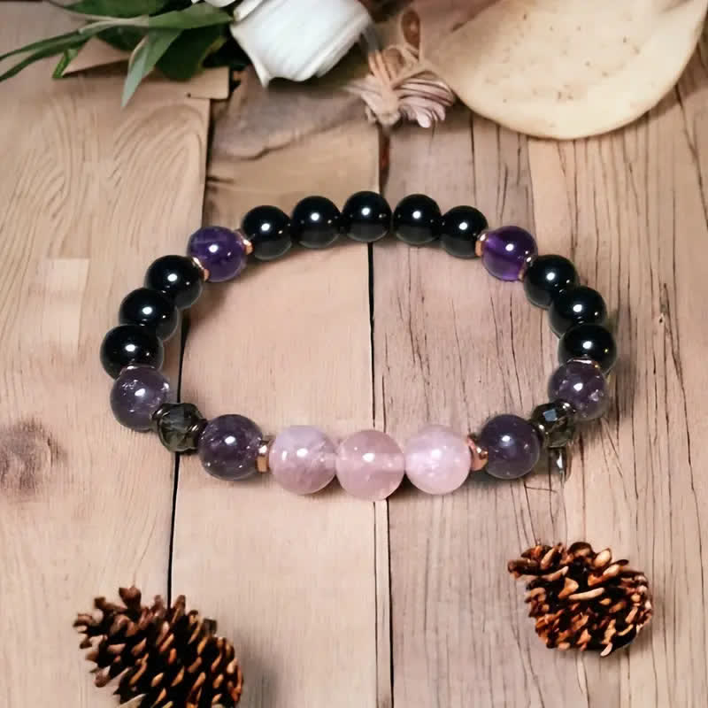 Aurora 8mm Rose Quartz, Obsidian & Amethyst Beaded Bracelet