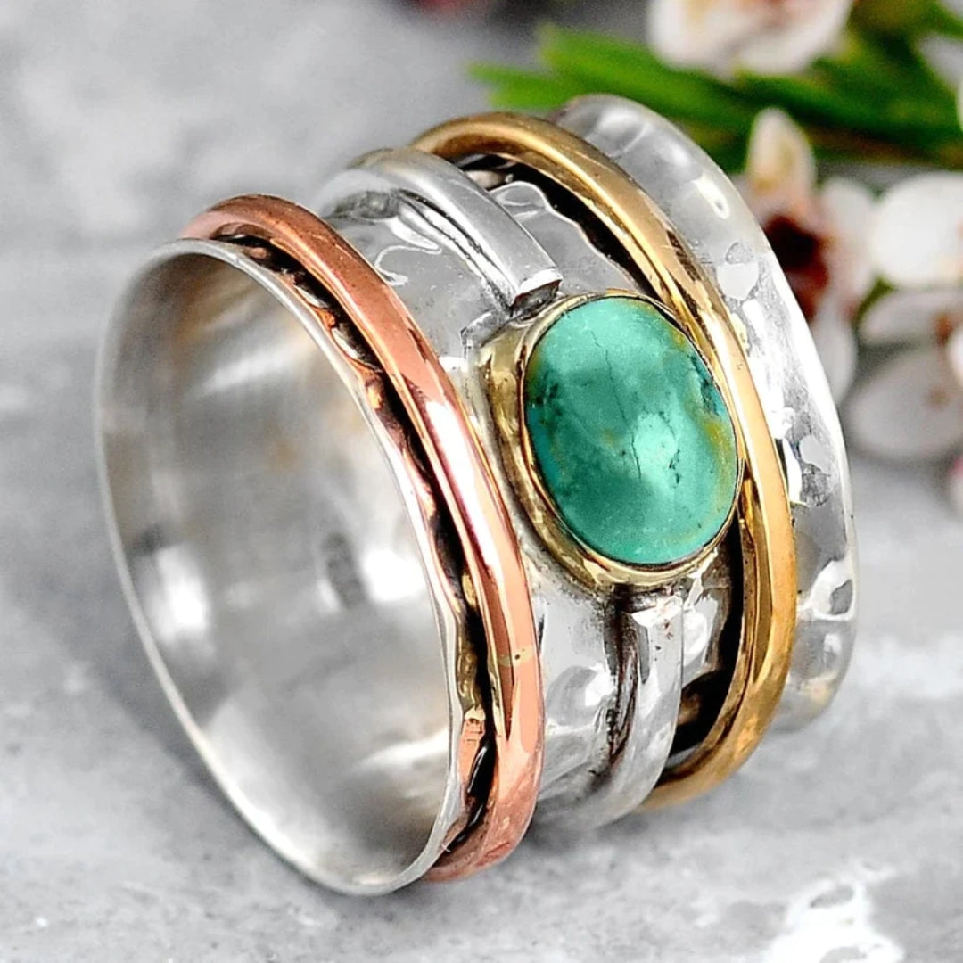 Elegant Vintage Turquoise Ring with Silver and Gold - Amira Collection