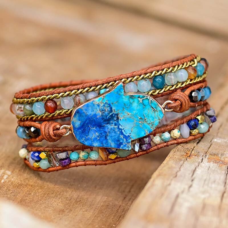 Elegante Turkoise Hamsa Wikkelarmband - Soraya in Blauw