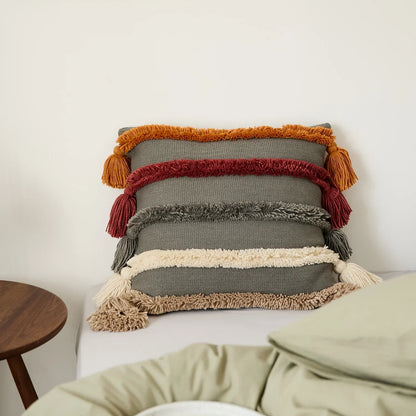 Bohemien Velour Kussenhoes - Geweven Kussenhoes met Kleurrijke Strepen en Franjes