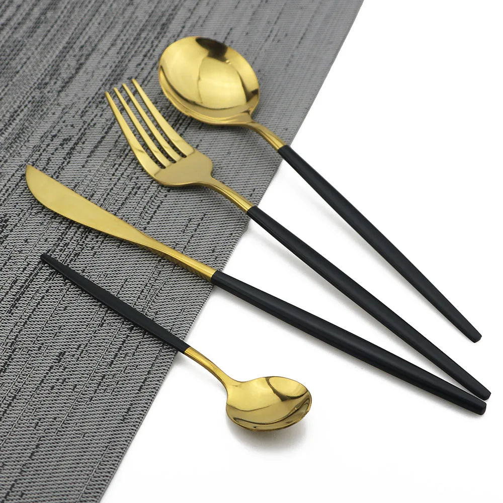 Luxe Zwart-Gouden Roestvrijstalen Bestekset - voor Elegante Maaltijden