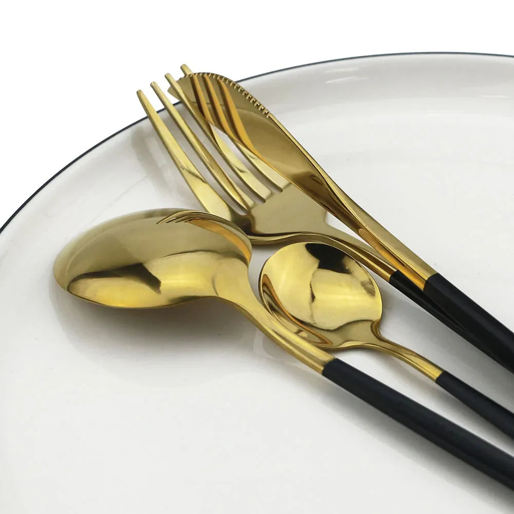 Luxe Zwart-Gouden Roestvrijstalen Bestekset - voor Elegante Maaltijden
