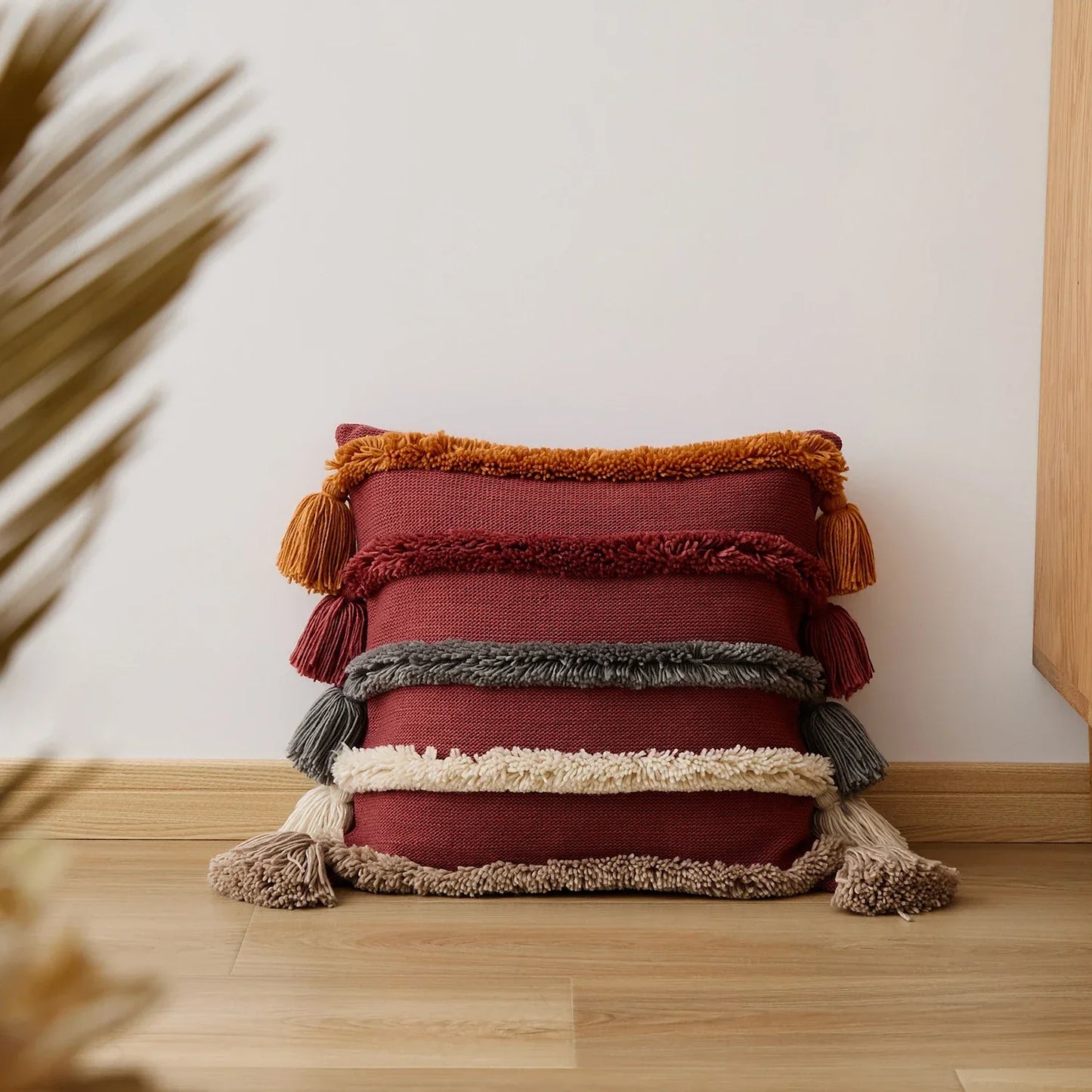 Bohemien Velour Kussenhoes - Geweven Kussenhoes met Kleurrijke Strepen en Franjes