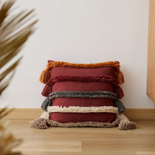 Bohemien Velour Kussenhoes - Geweven Kussenhoes met Kleurrijke Strepen en Franjes
