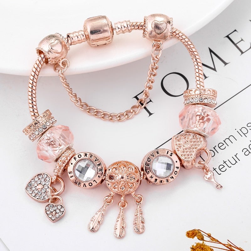 Roze Dreamcatcher Armband met Prachtige Sterling Zilveren Charms