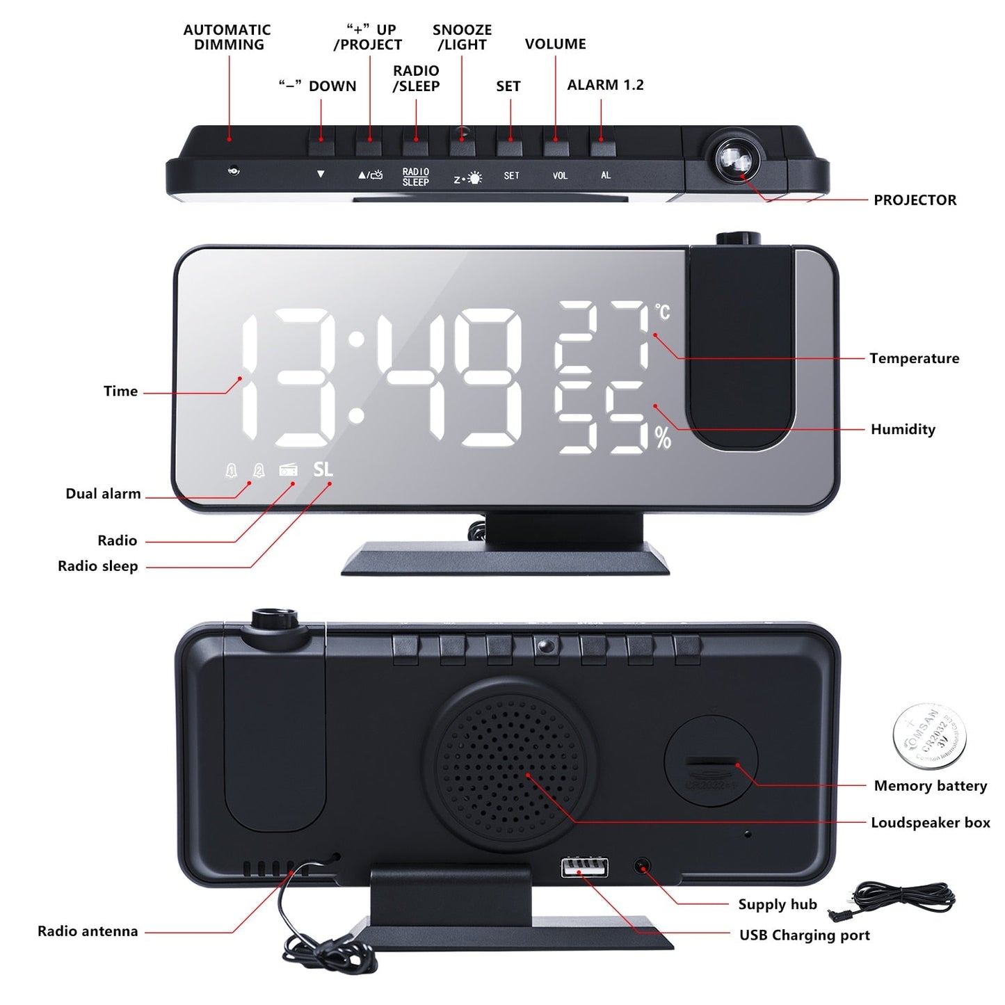 Astronatic™ Alarmklok - LED Scherm met 180° Projector