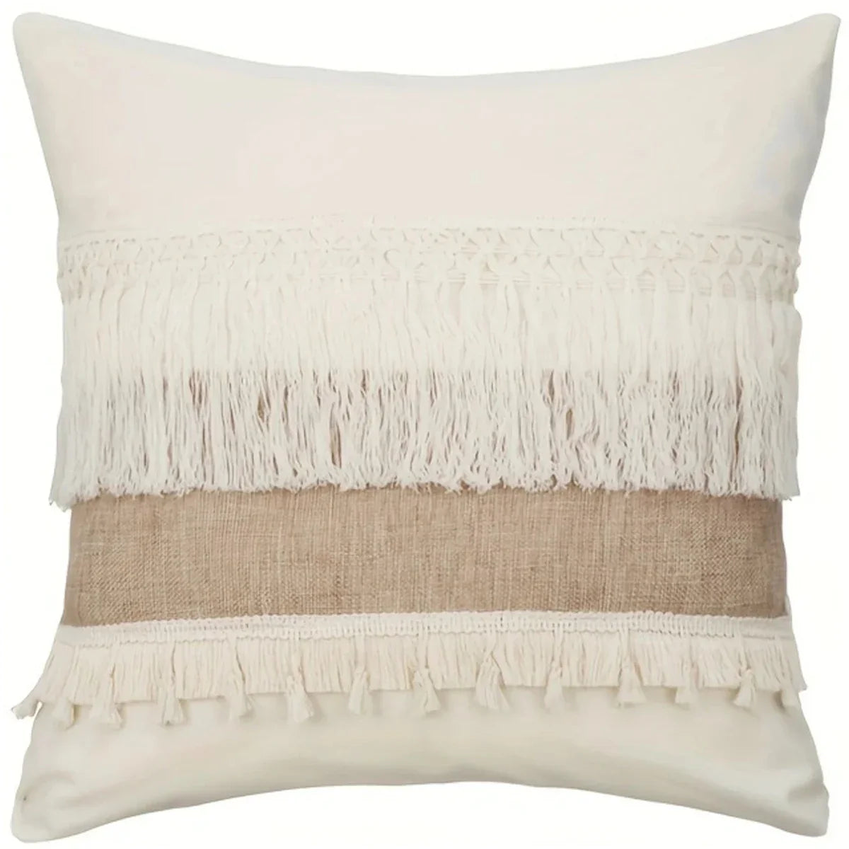 Bohemian Kussenhoes - Geometrisch Kussenhoes in Beige met Franjes