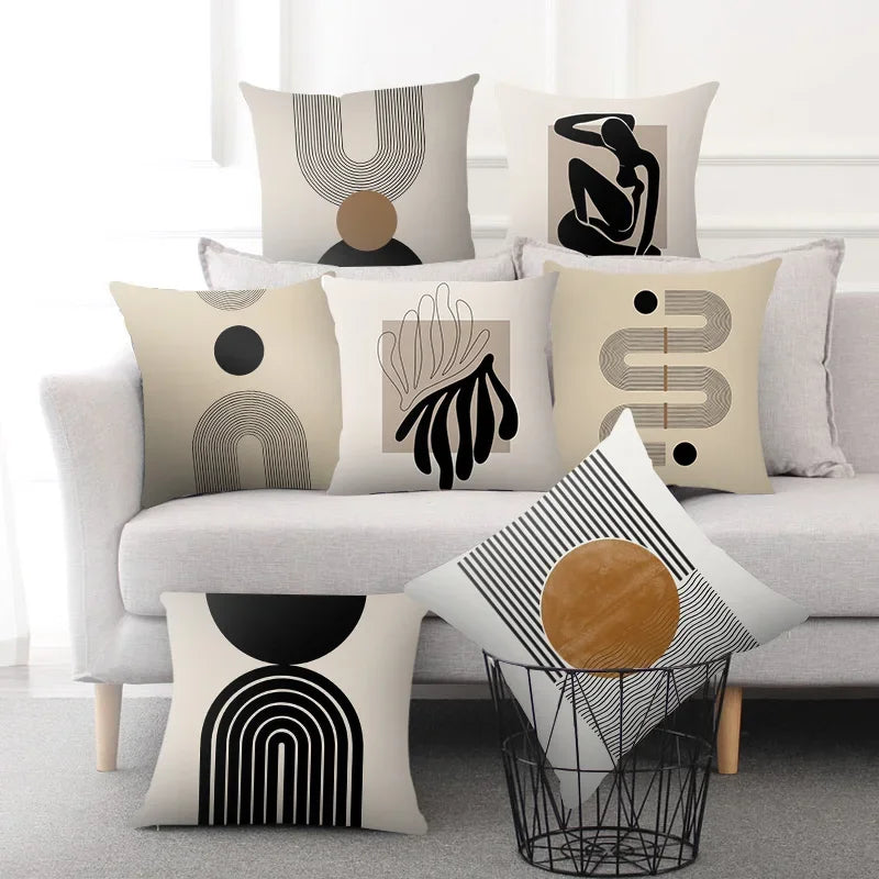 Aurum Kussenhoes - Moderne Zwart-Wit Kussenhoes met Abstracte Kunstprint