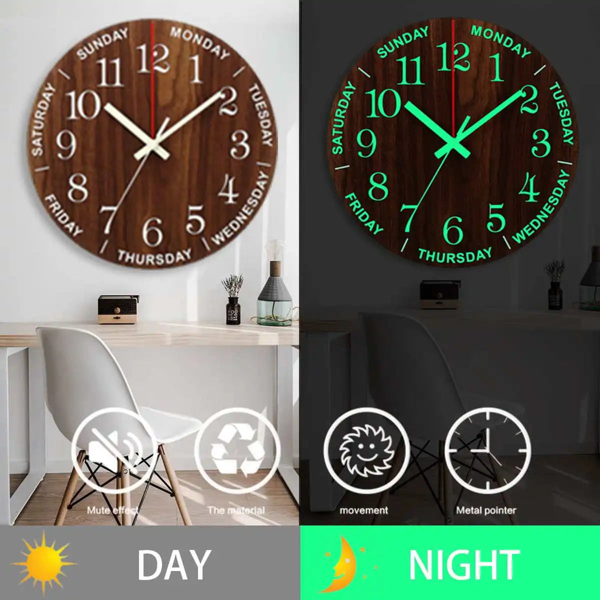 GlowClock – Luxe Houten Wandklok met Nachtverlichting