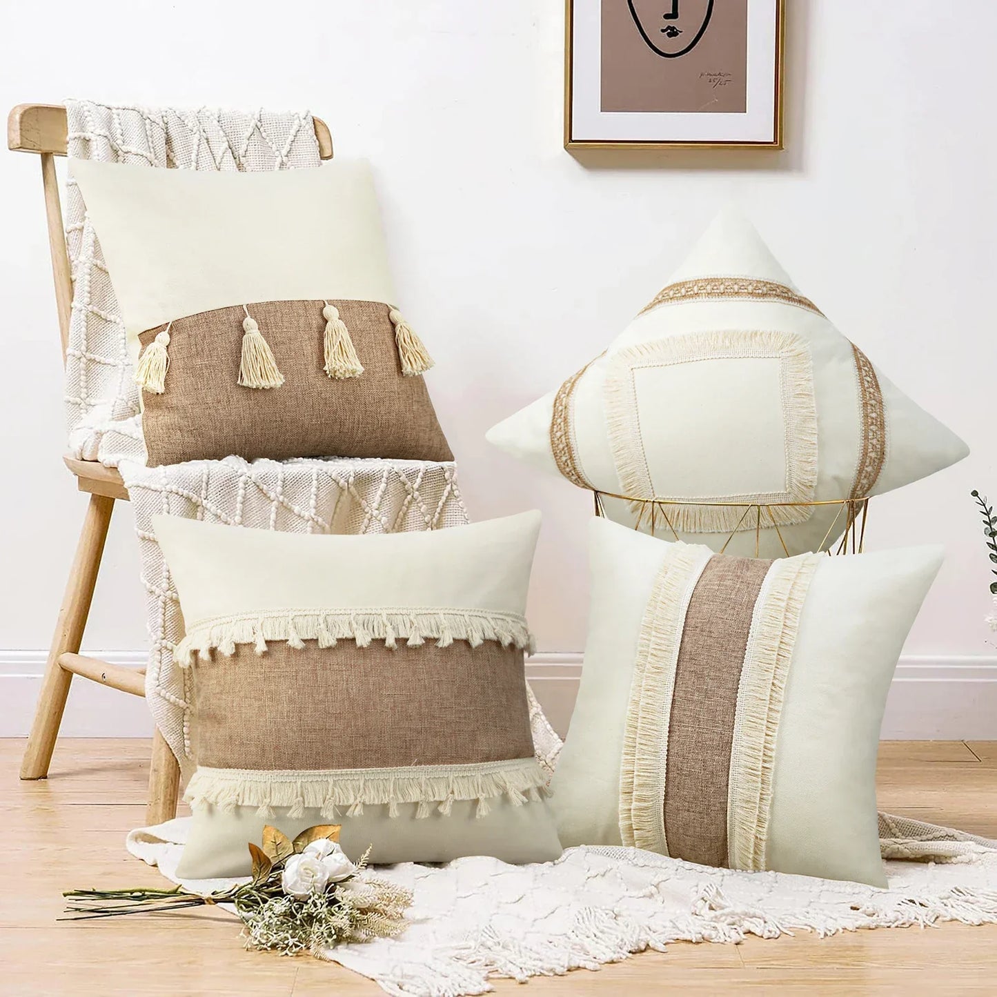 Bohemian Kussenhoes - Geometrisch Kussenhoes in Beige met Franjes