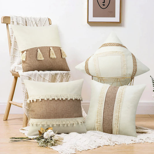Bohemian Kussenhoes - Geometrisch Kussenhoes in Beige met Franjes