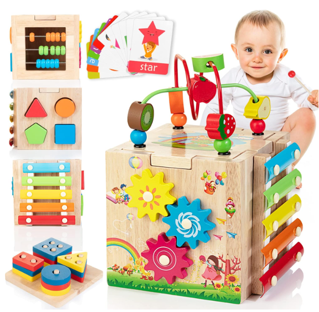 Stijlvolle 8-in-1 Montessori Activiteitenkubus - Educatief Speelplezier voor Baby's