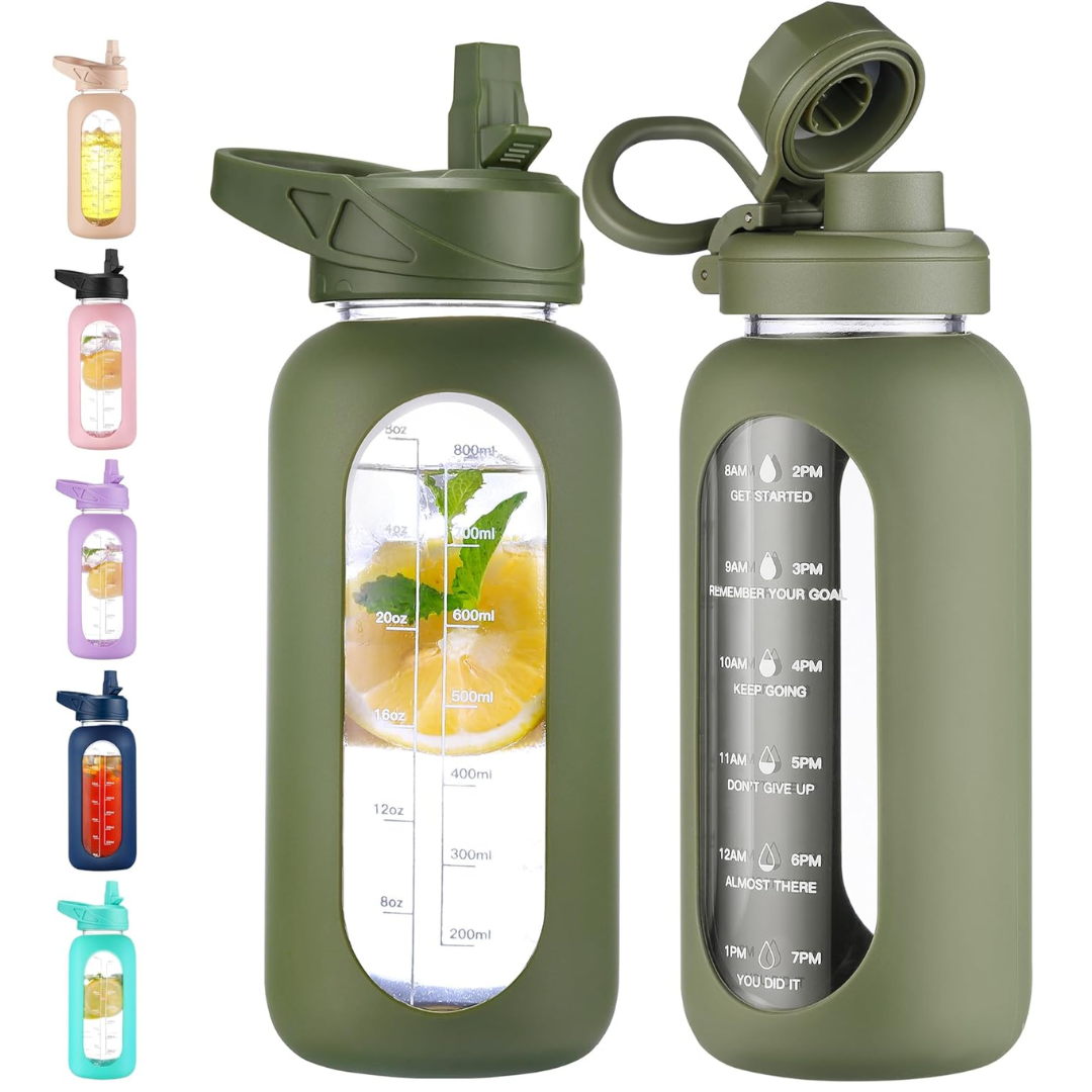 HydroGlow - Motiverende Glazen Waterfles 900ml met Rietje