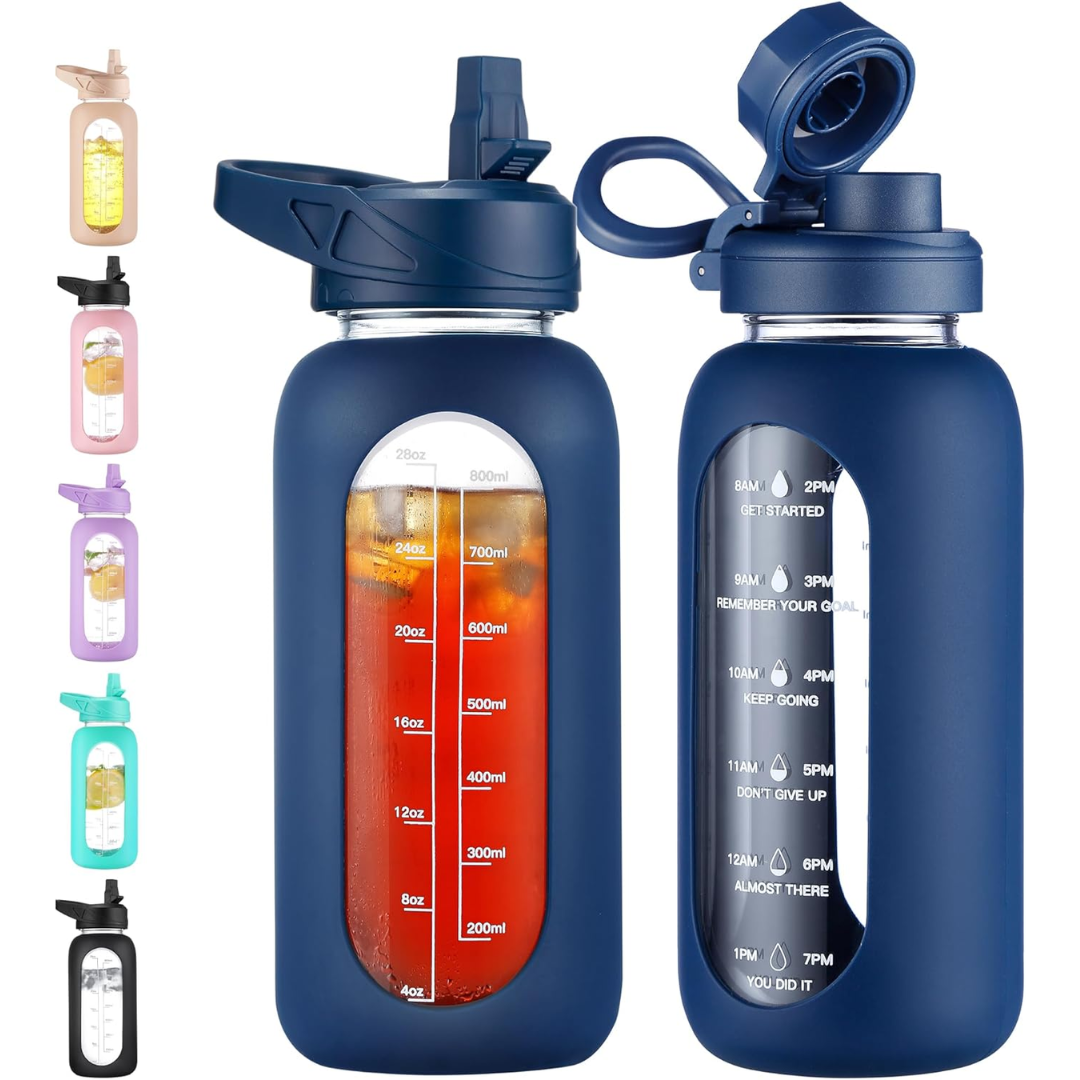 HydroGlow - Motiverende Glazen Waterfles 900ml met Rietje