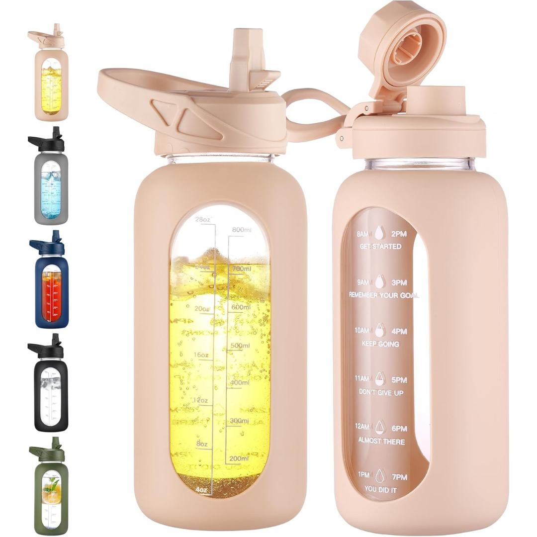 HydroGlow - Motiverende Glazen Waterfles 900ml met Rietje