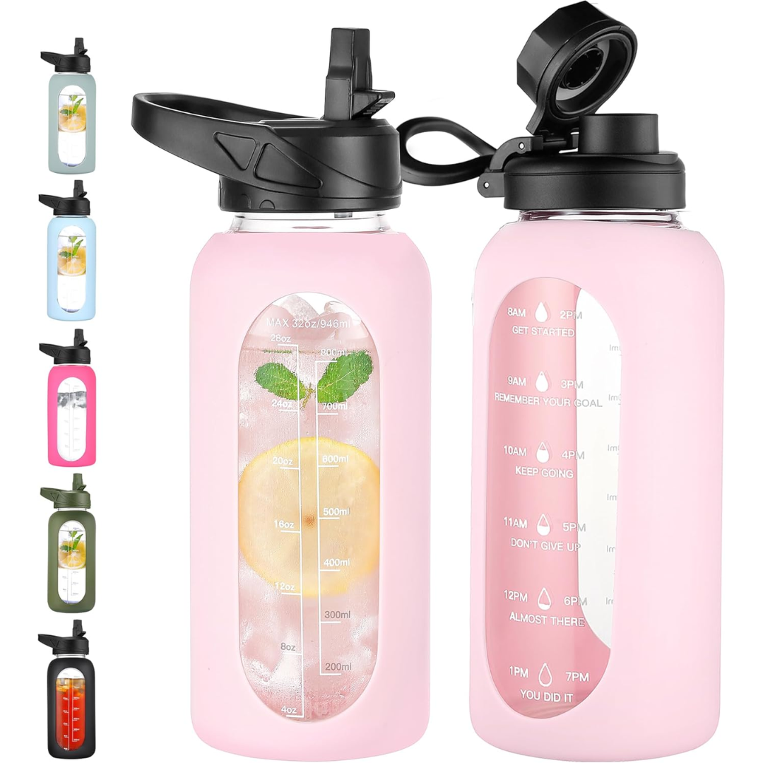 HydroGlow - Motiverende Glazen Waterfles 900ml met Rietje