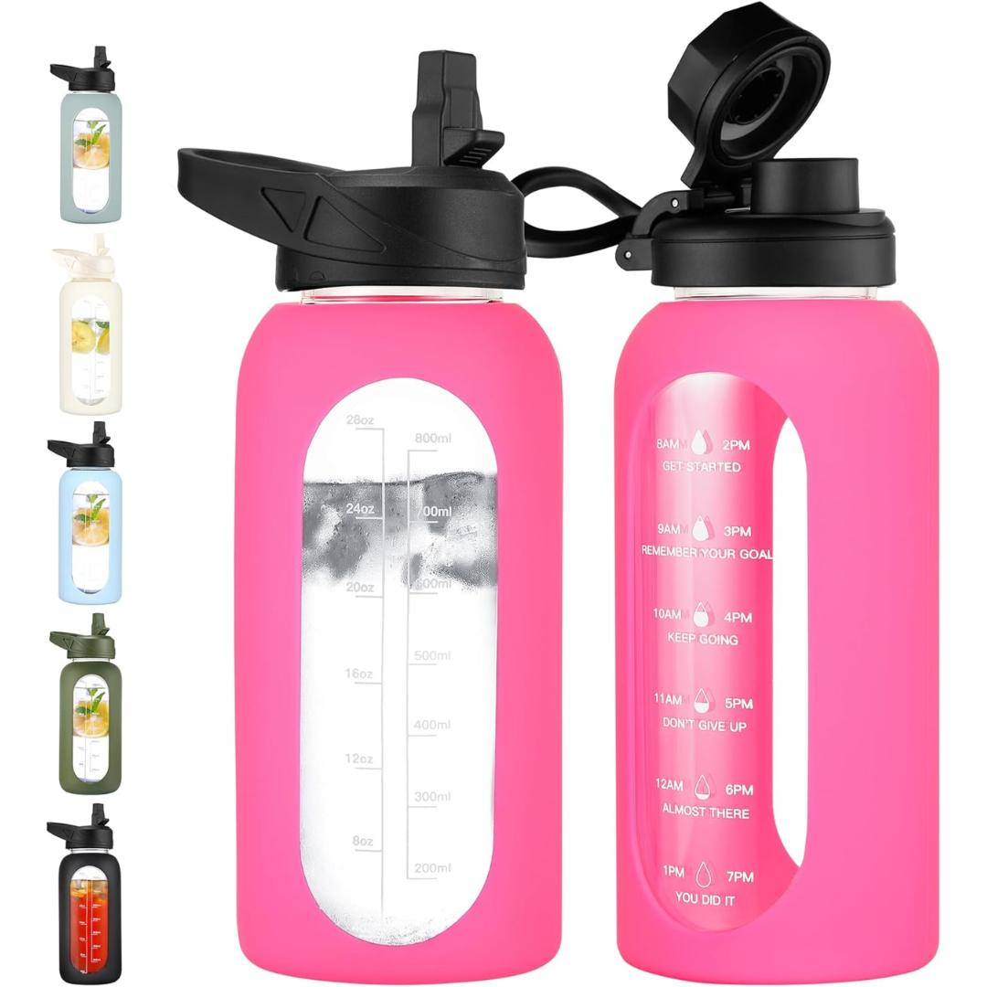 HydroGlow - Motiverende Glazen Waterfles 900ml met Rietje