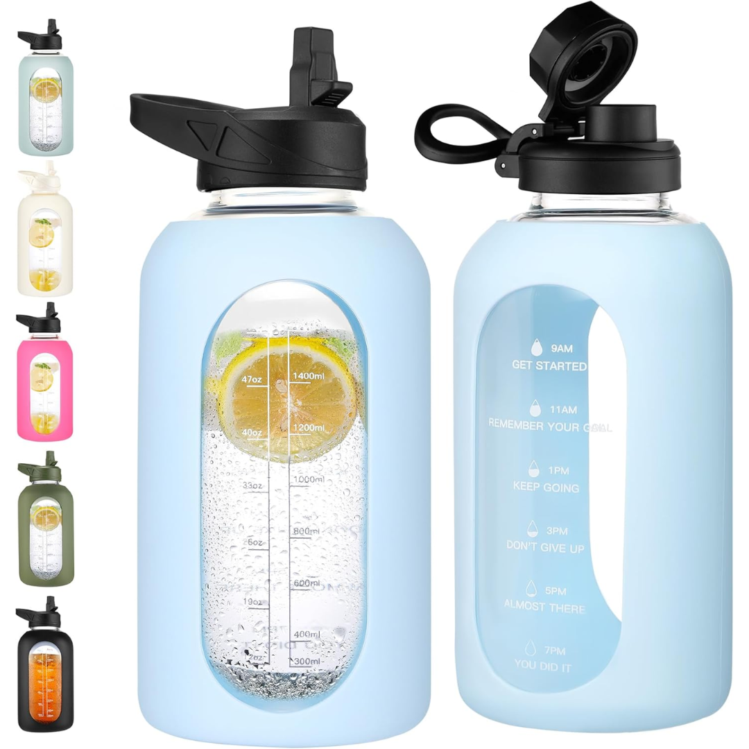 HydroGlow - Motiverende Glazen Waterfles 900ml met Rietje