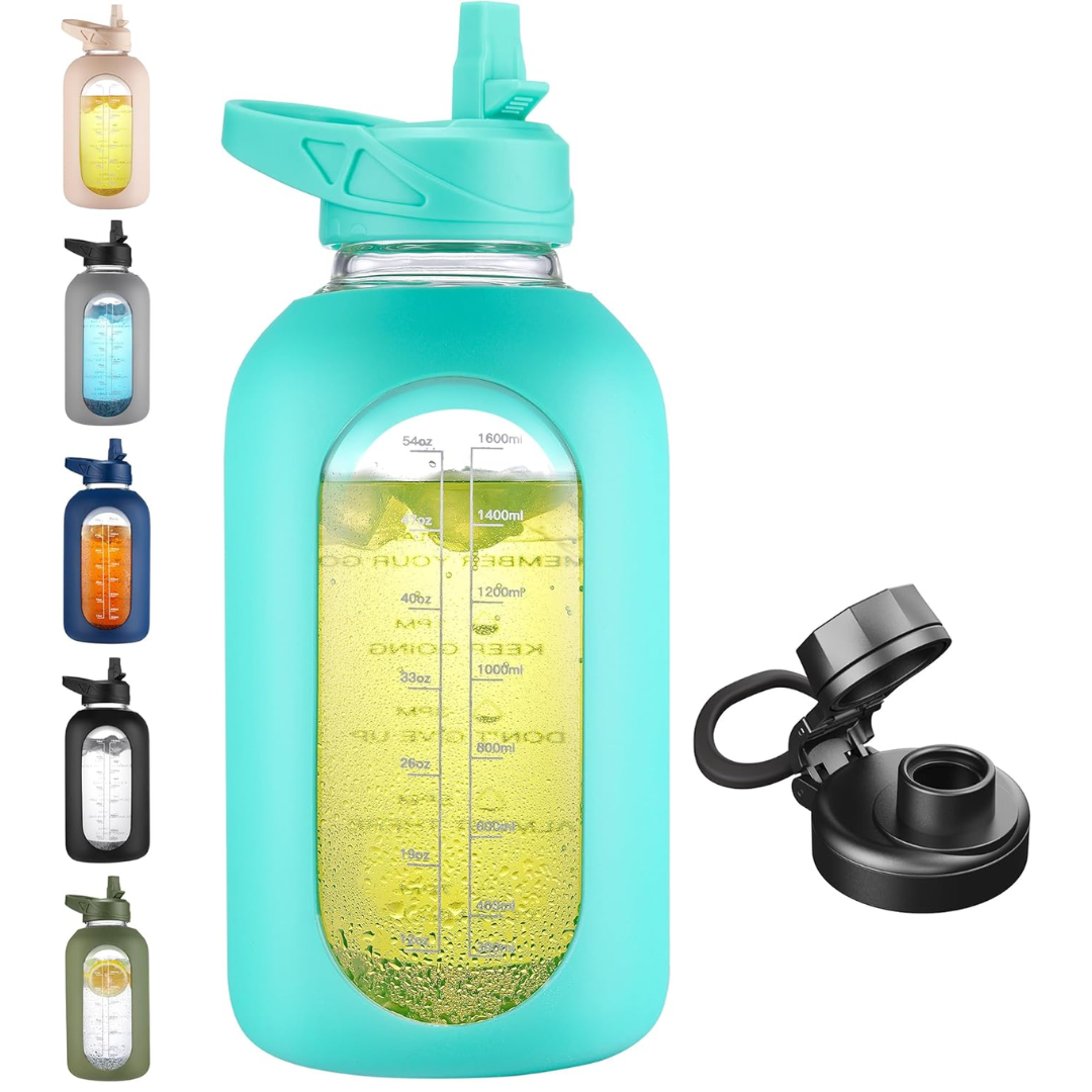 HydroGlow - Motiverende Glazen Waterfles 900ml met Rietje