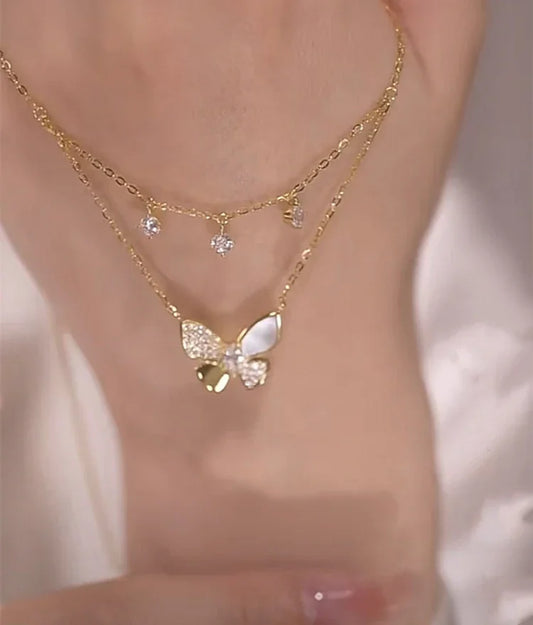 Zeer Elegante Dubbelgelaagde Vlinderketting met Zirkonia en Parelmoer - Elayna