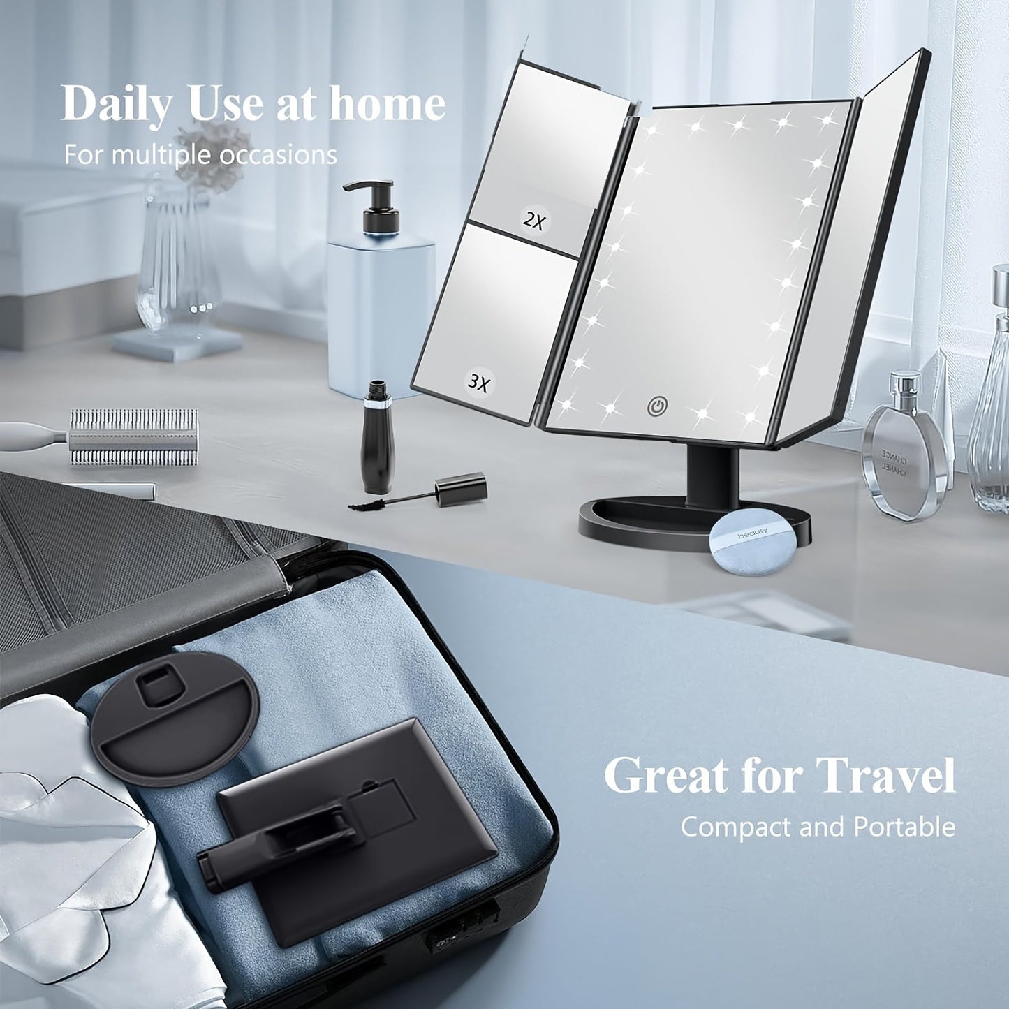 FlawlessGlow - Tri-Fold Make-up Spiegel met LED Verlichting