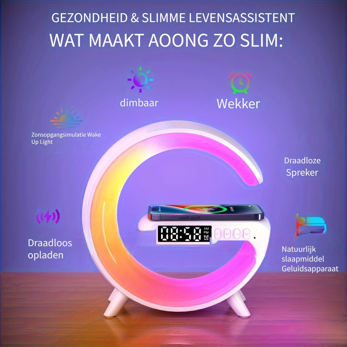 SlimLamp - Minimalistische Tafellamp met Wekker en Opladen