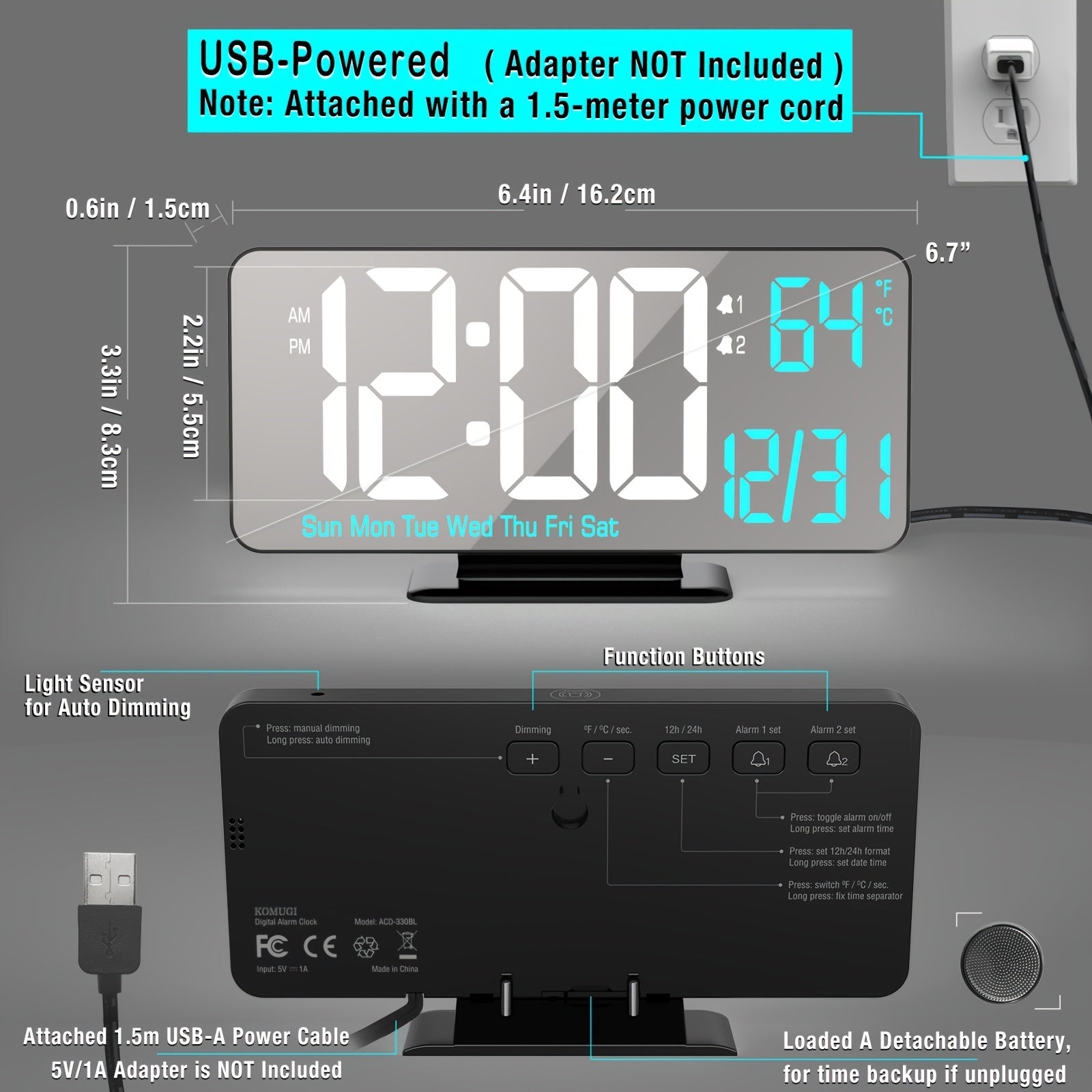 Digitime - Moderne LED Wekker met Dubbel Alarm