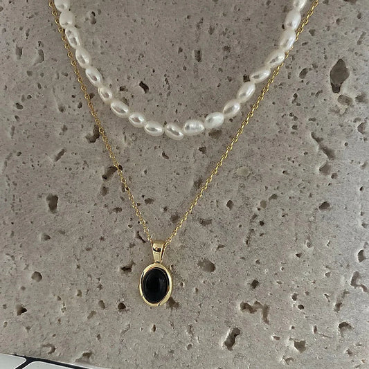 Elegante Zwarte Onyx en Parel Stapelketting - Aria Collectie