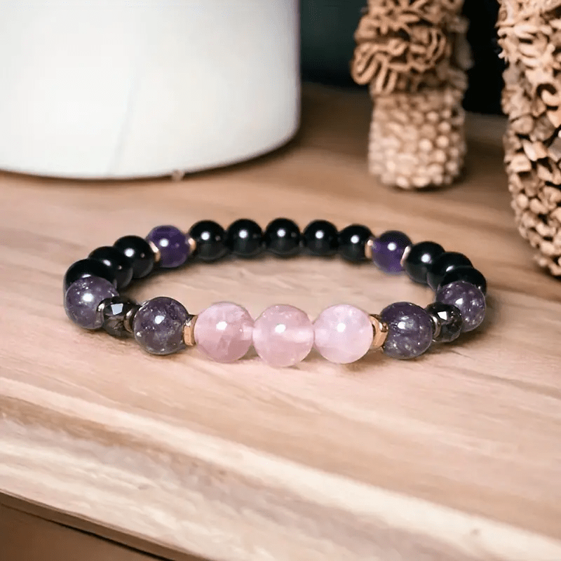 Aurora 8mm Rose Quartz, Obsidian & Amethyst Beaded Bracelet