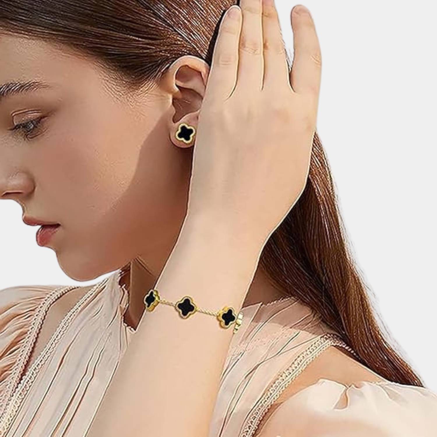 GoldenClove Jewelry Set - Elegante Klaver Ketting, Armband & Oorbellen