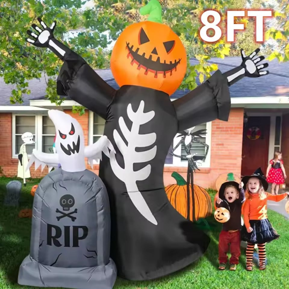 Halloween Opblaasbare Pompoen 1M met 10 LED Lampjes en Grafsteen Decoratie