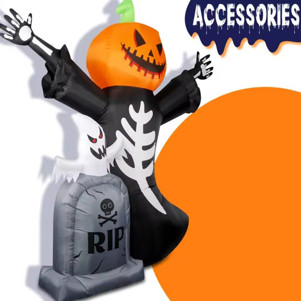 Halloween Opblaasbare Pompoen 1M met 10 LED Lampjes en Grafsteen Decoratie
