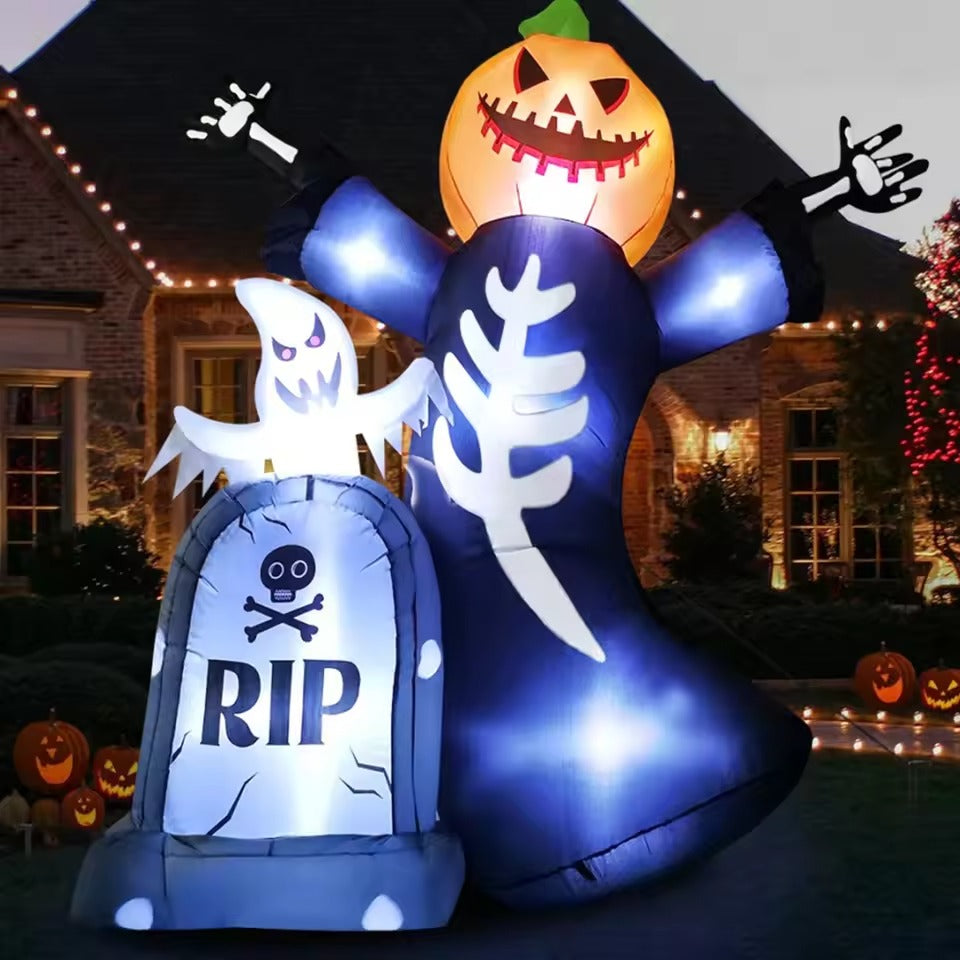 Halloween Opblaasbare Pompoen 1M met 10 LED Lampjes en Grafsteen Decoratie