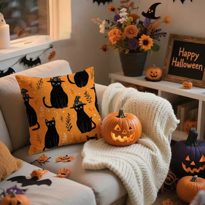 Halloween Kussenhoes – Pompoen en Katten Design voor Bank en Slaapkamer