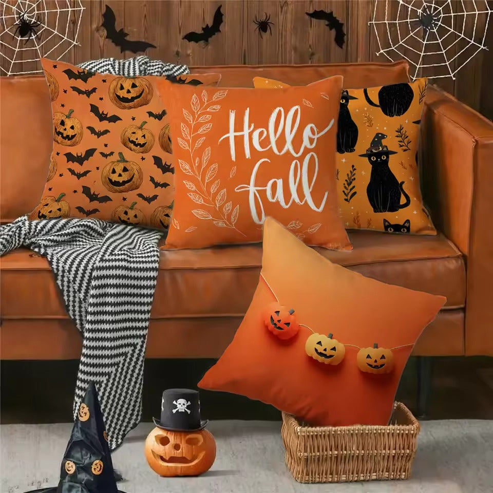 Halloween Kussenhoes – Pompoen en Katten Design voor Bank en Slaapkamer
