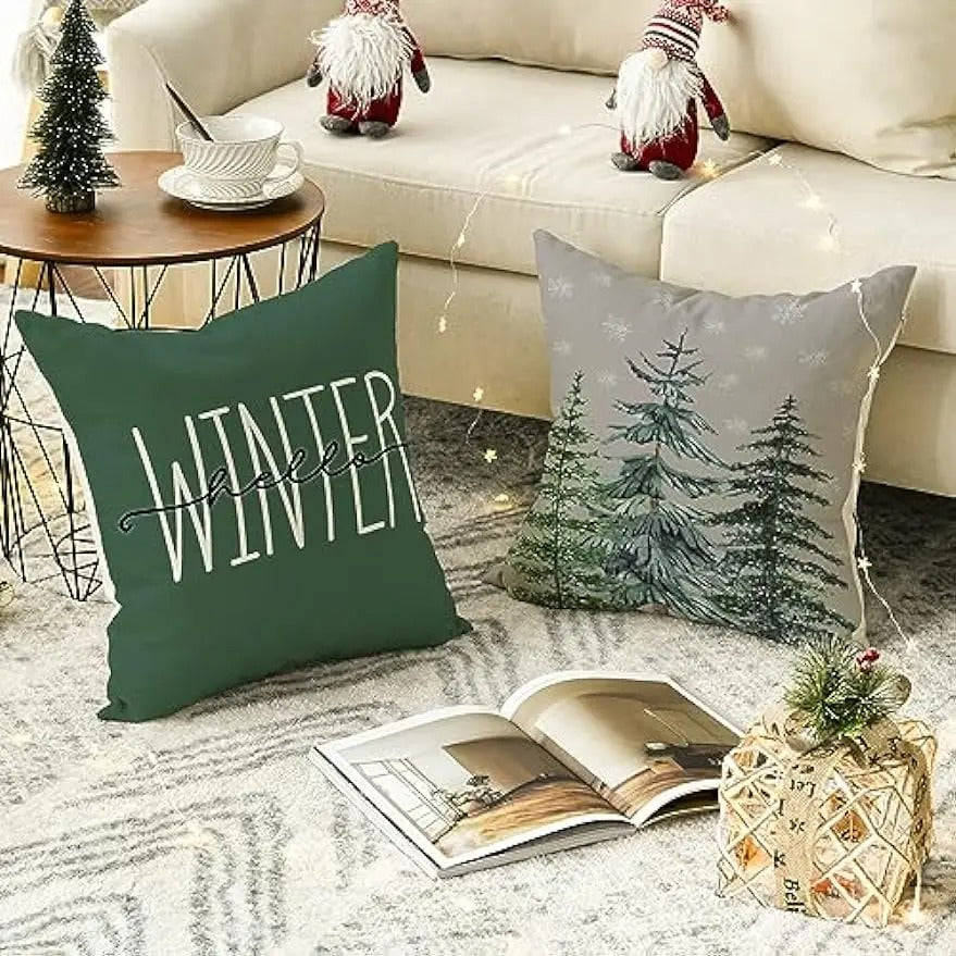 Kerst Kussenhoes - Festieve Kussenhoes met Kerstboom en Winterthema - Groen 45x45 cm