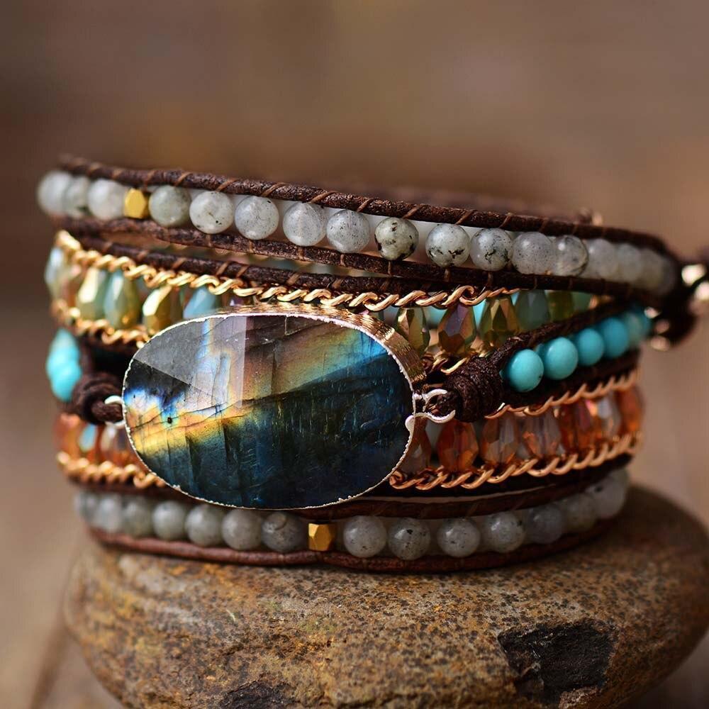 Lira Shine Bracelet – Elegante Labradoriet Vijf-Rijige Wrap