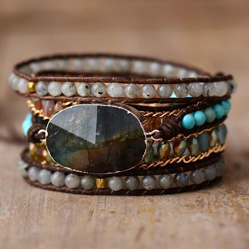 Lira Shine Bracelet – Elegante Labradoriet Vijf-Rijige Wrap