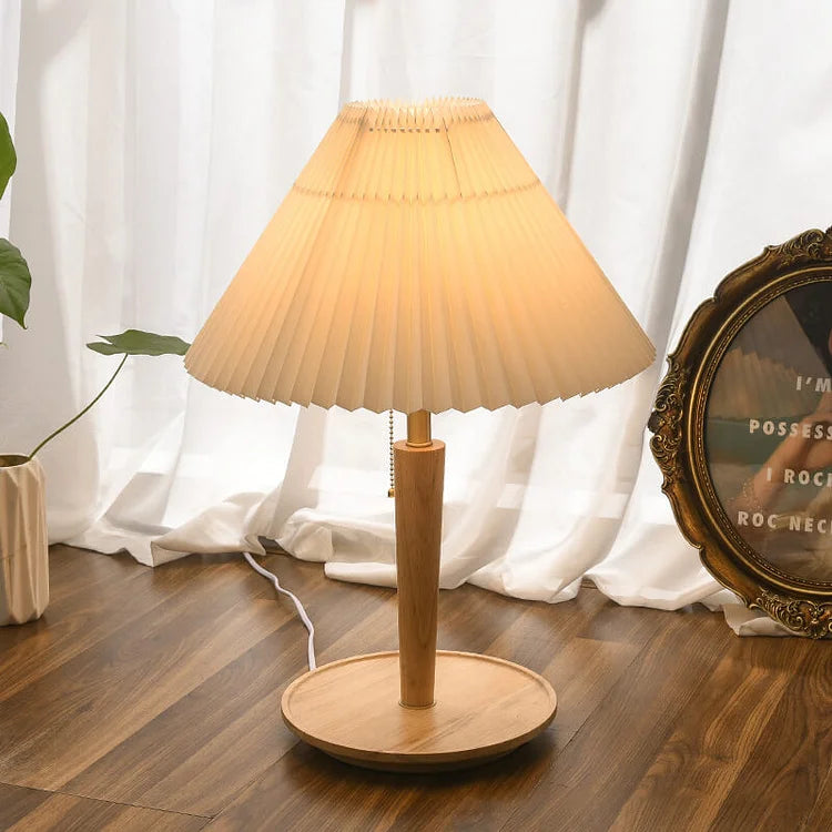 Elegante Vintage Houten Woodly Tafellamp -  Tafellamp met Geplooid Design