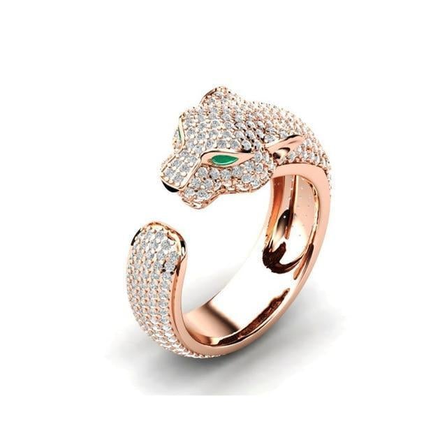 Elegante Verstelbare Jaguar Ring™ van 18K Zilver en Roségoud met Stralende Groene Zirkonia-Ogen